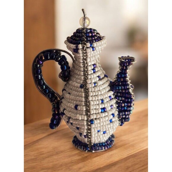 Blue White Beaded Teapot Christmas Ornament Perfect For Blue White Themed Trees. - Picture 2 of 5
